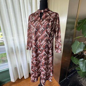 Vintage 70s dress, Mod brown orange and white abstract print, keyhole neckline